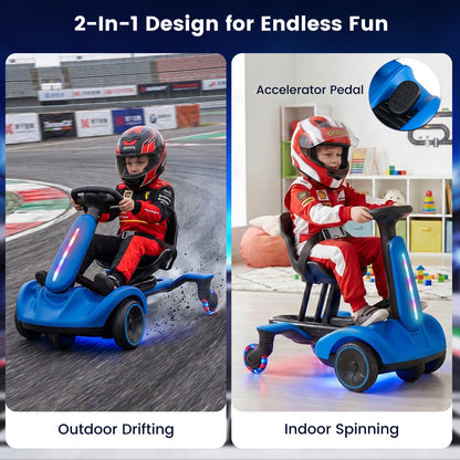 Ride on Drift Car for Kids 2-In-1 Go Kart with Adjustable Seat Sound LED Lights-Blue