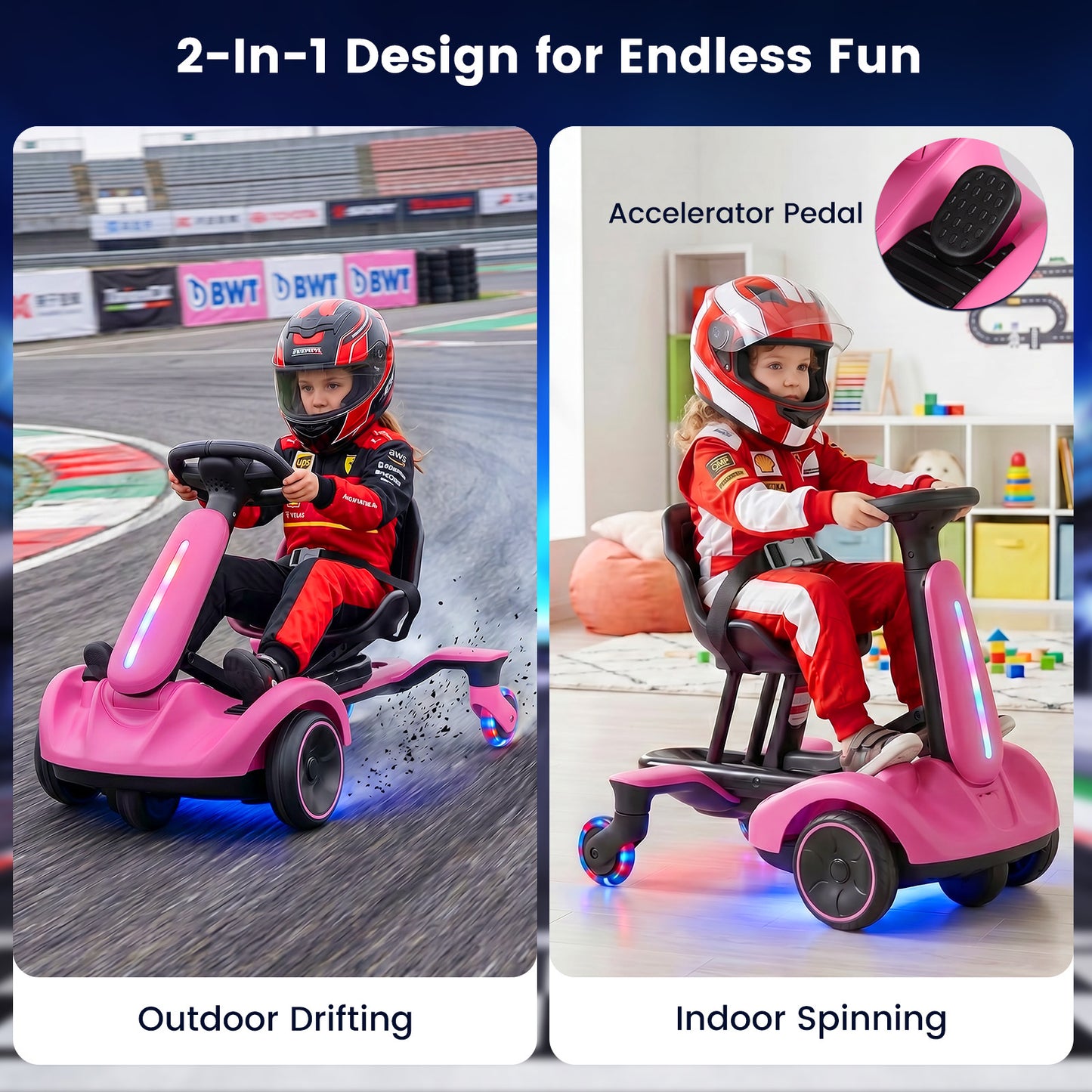 Ride on Drift Car for Kids 2-In-1 Go Kart with Adjustable Seat Sound LED Lights-Pink