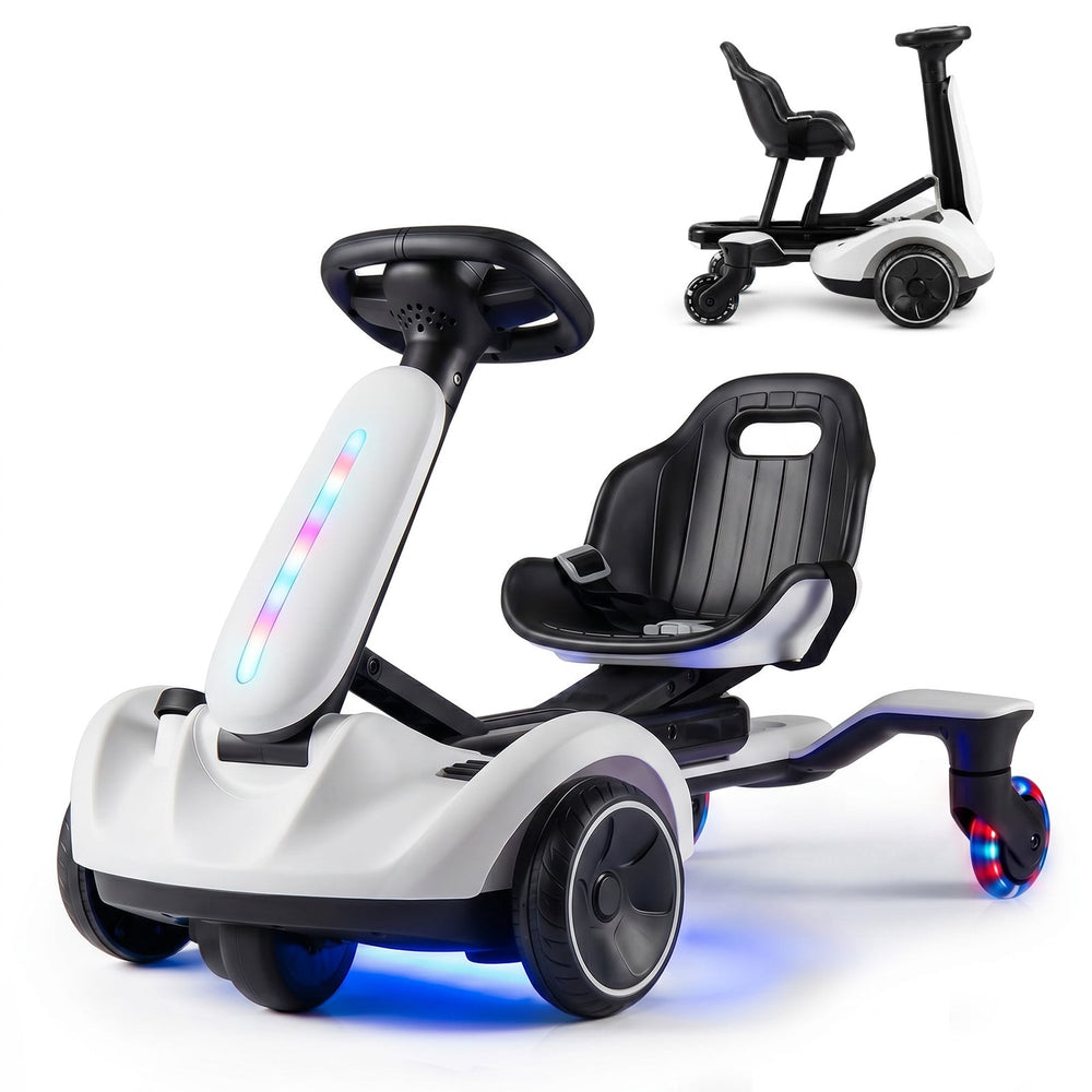 Ride on Drift Car for Kids 2-In-1 Go Kart with Adjustable Seat Sound LED Lights-White