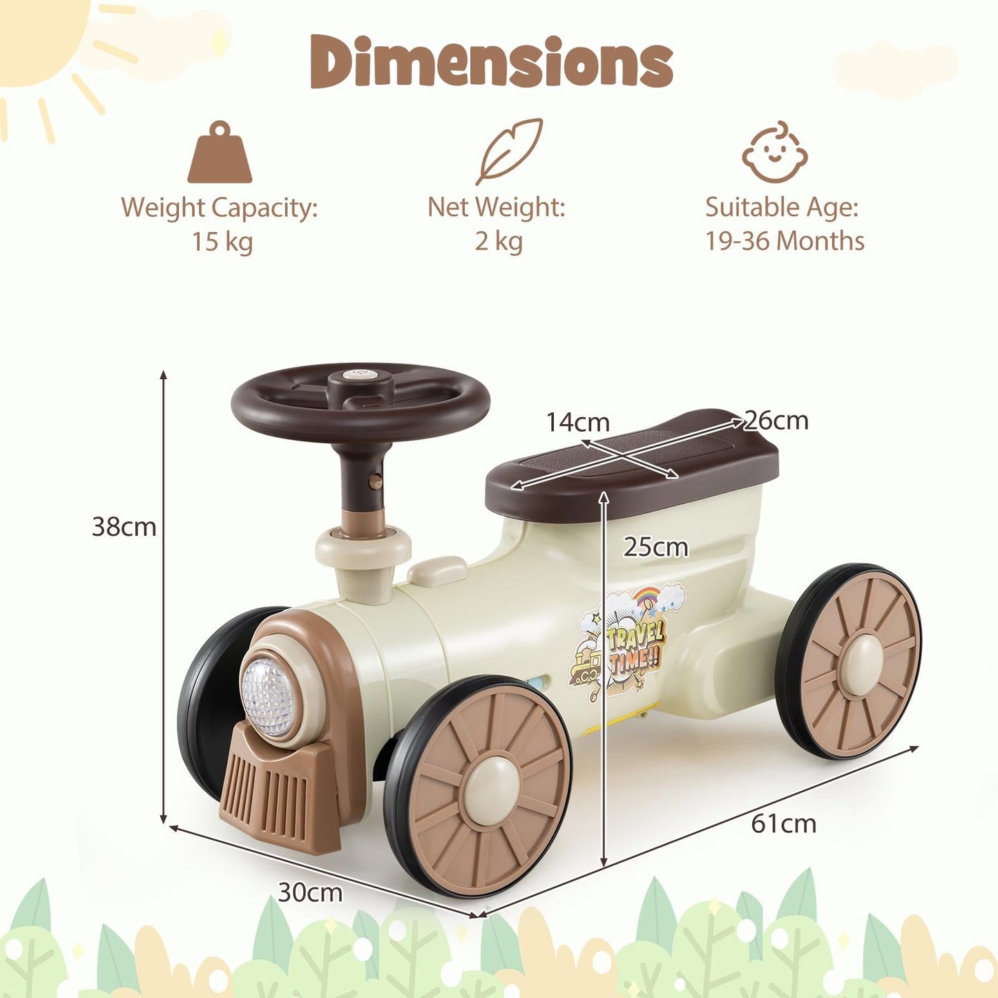 Ride on Push Car Train with Sound Button and Storage Compartment-Beige