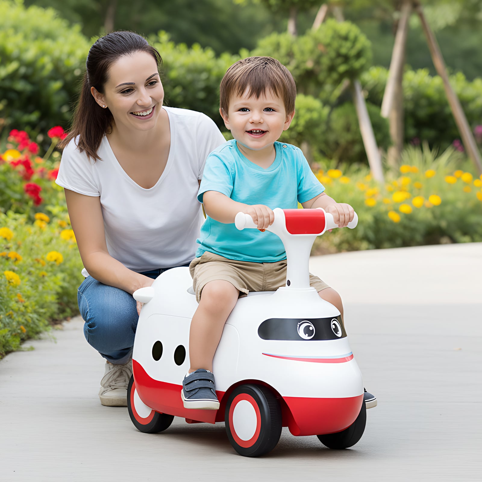 Ride on Push Car for Toddlers Sit to Stand Car with Horn and Storage-White