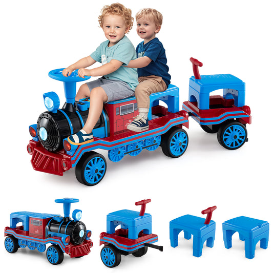 3-Seater 12V Ride on Train Set Trackless with 2 Removable Chairs-Blue