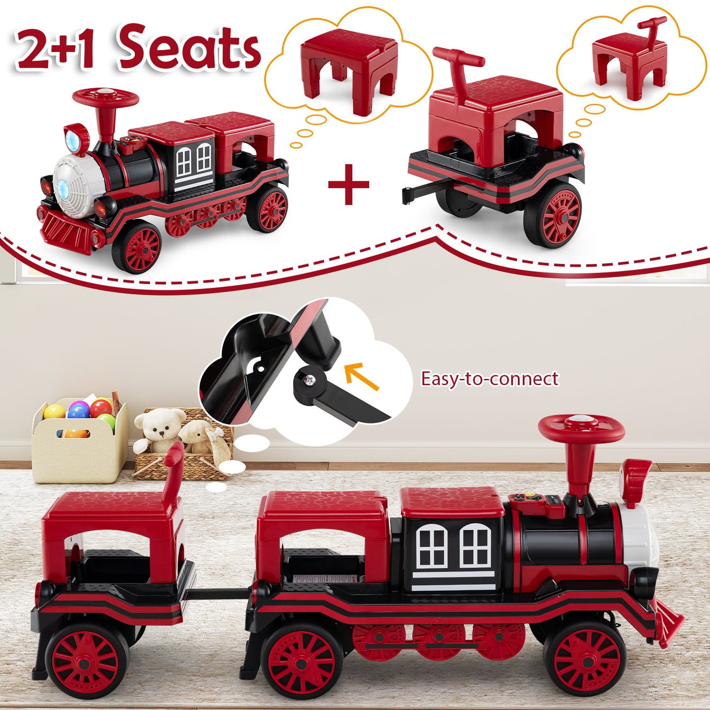 3-Seater 12V Ride on Train Set Trackless with 2 Removable Chairs-Red