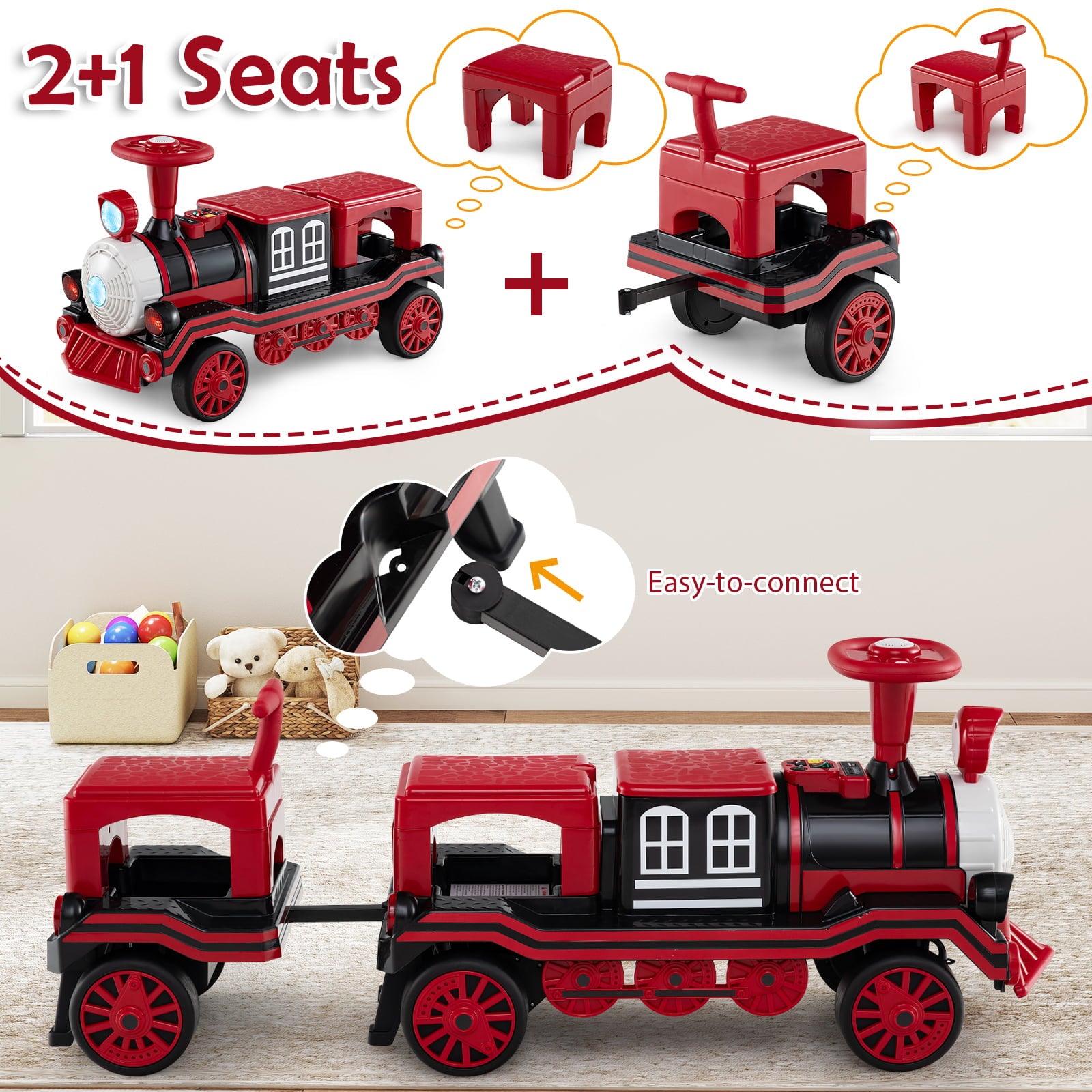 3-Seater 12V Ride on Train Set Trackless with 2 Removable Chairs-Red