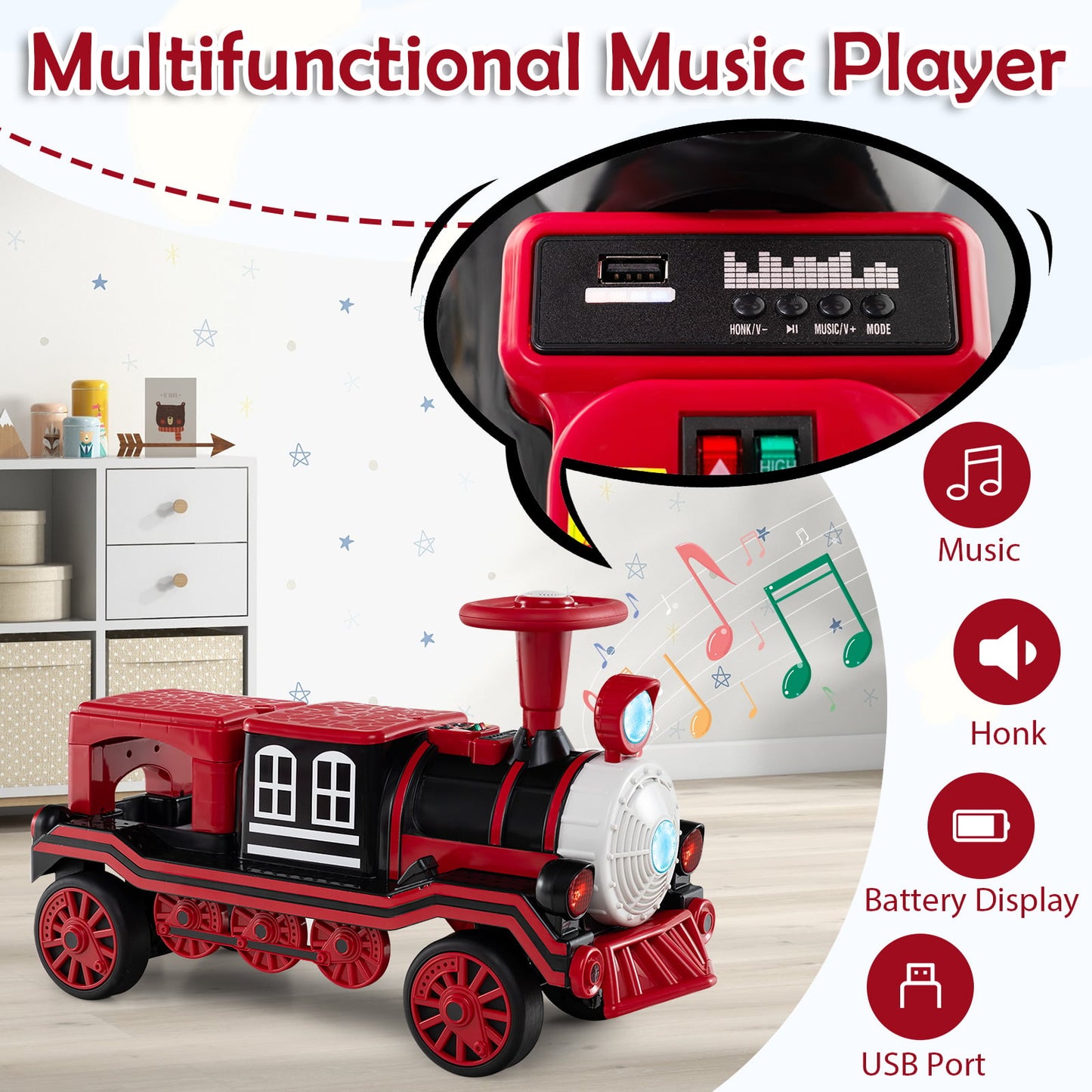 3-Seater 12V Ride on Train Set Trackless with 2 Removable Chairs-Red