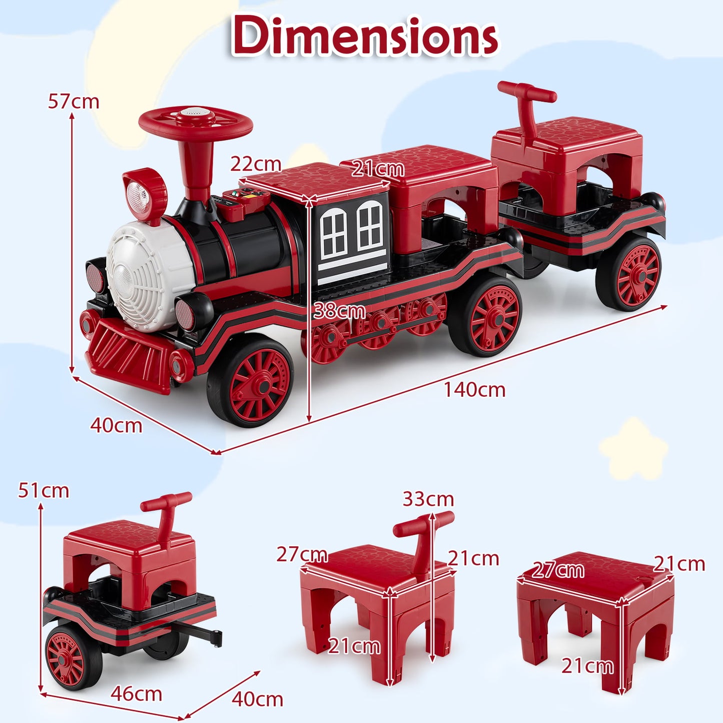 3-Seater 12V Ride on Train Set Trackless with 2 Removable Chairs-Red