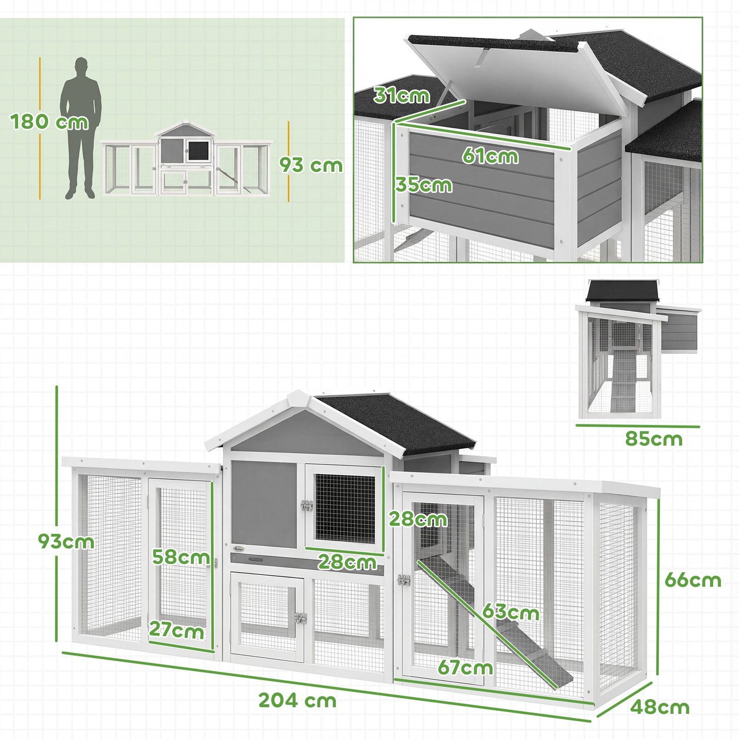 PawHut Large Chicken Coop, Wooden Outdoor Chicken Cage Poultry Hen House with Nesting Box