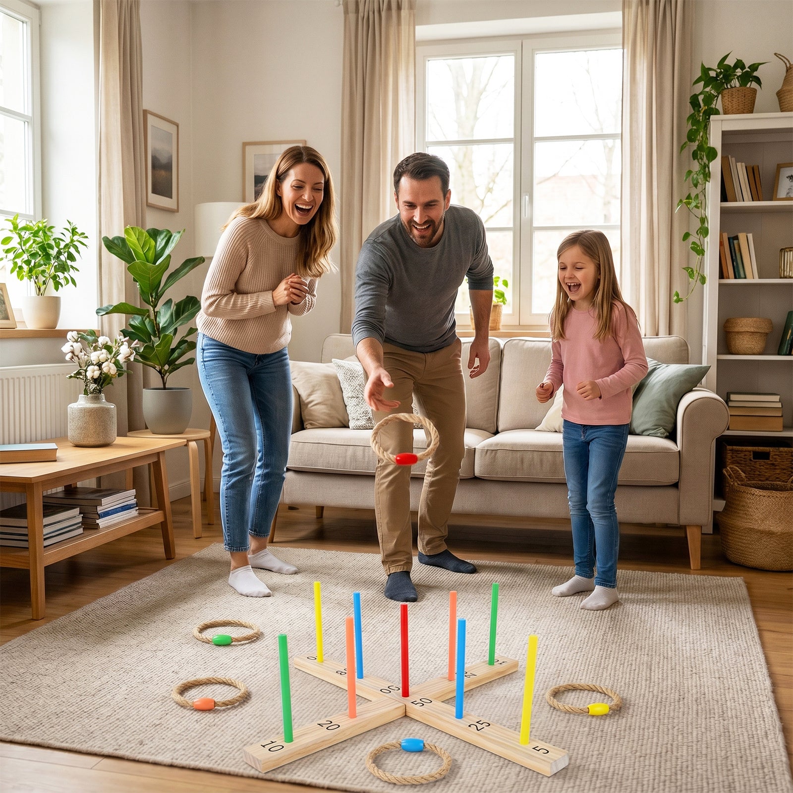 Ring Toss Game for Kids and Adults Outdoor Yard Game with 5 Rope Rings-Colourful