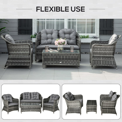 Outsunny 4 Pieces Outdoor PE Rattan Garden Furniture with Cushions, Aluminium Patio Wicker Conservatory Sofa Set with Glass Top Coffee Table, Mixed Grey