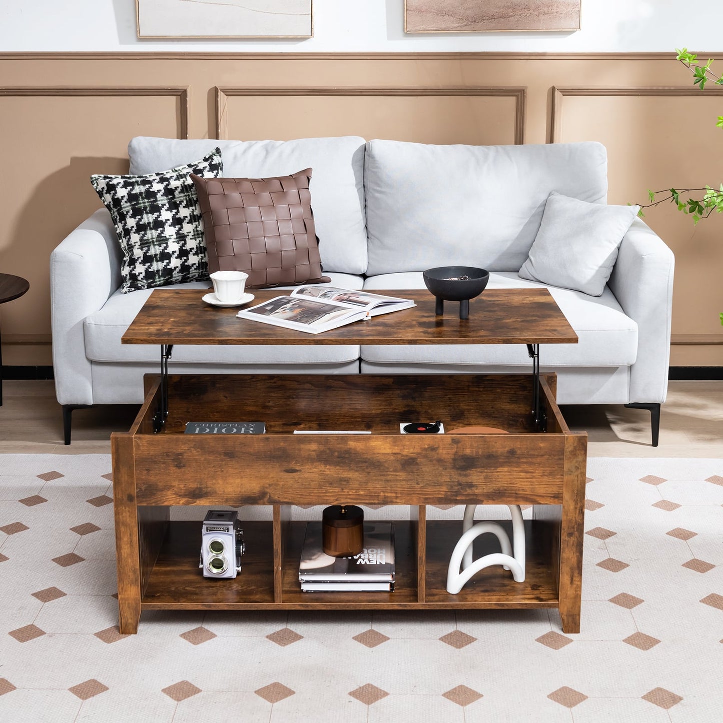 Rising Center Table with Lift Top Hidden Compartment-Rustic Brown