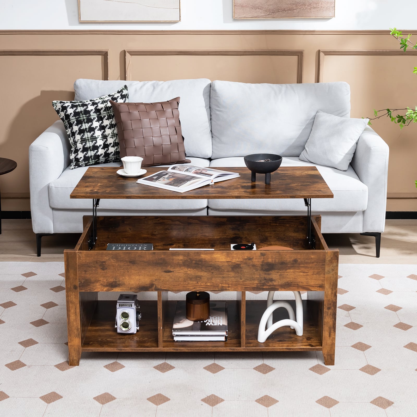 Rising Center Table with Lift Top Hidden Compartment-Rustic Brown
