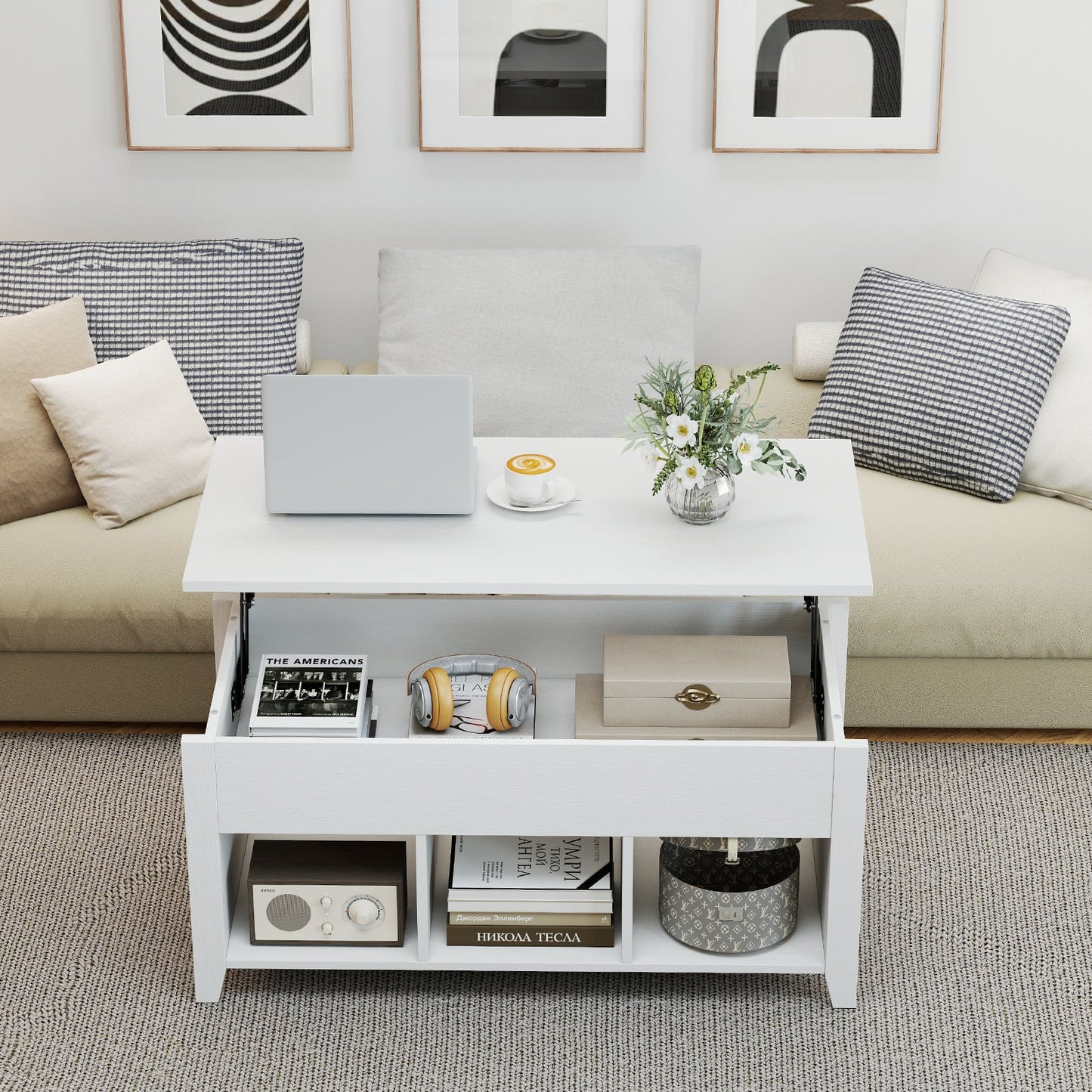 Rising Center Table with Lift Top Hidden Compartment-Off White