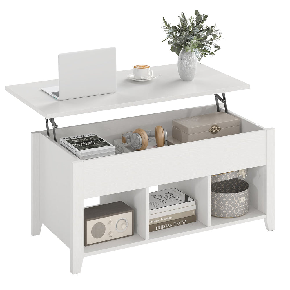 Rising Center Table with Lift Top Hidden Compartment-Off White