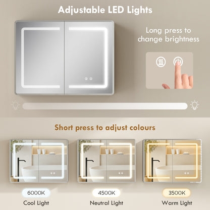 HOMCOM Mirrored Bathroom Cabinet with LED Lights, 60 x 80 cm Bathroom Mirror Cabinet with Anti-Fog, 3 Colour Dimmable Lighting