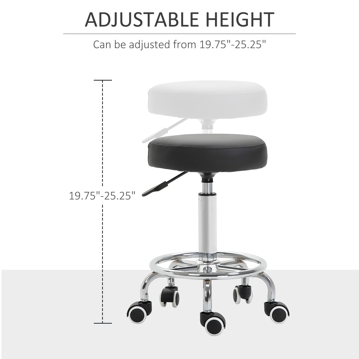 Vinsetto Round Rolling Stool, PU Leather Height Adjustable Stool Chair with Wheels and Swivel Seat for Salon, Massage, Spa, Home Kitchen, Black