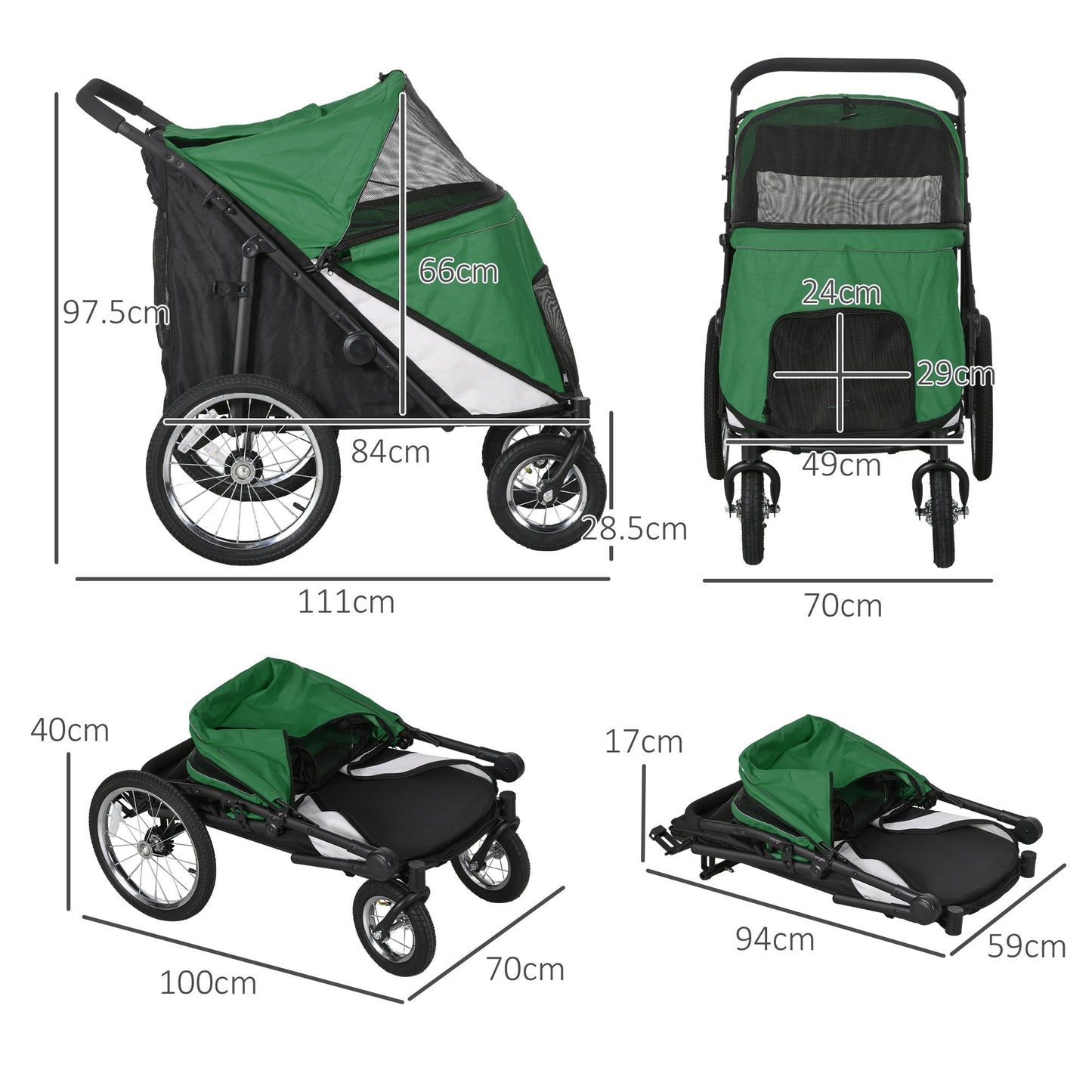 PawHut Foldable Pet Stroller, with Washable Cushion, Storage Bags, Safety Leash, for Medium, Large Dogs, Cats - Green