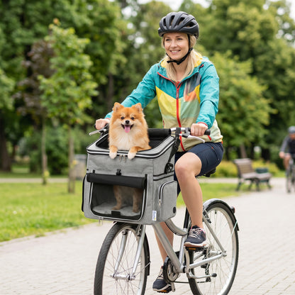 PawHut Dog Bike Basket, Soft-Sided Pet Carrier with Security Leash, Mesh Door & Window, Plush Cushion, Bowl, Light Grey