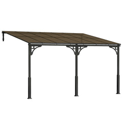 Outsunny 4 x 3 m Metal Lean-to Pergola, Wall-Mounted Garden Pergola with Polycarbonate Roof and Metal-Aluminium Frame, Heavy Duty Hardtop Gazebo for Outdoor Patios, BBQ, Brown
