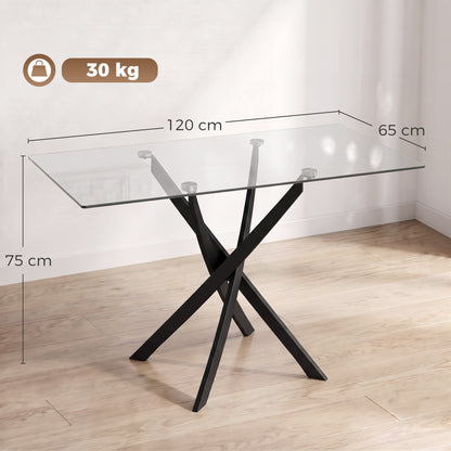 HOMCOM Rectangular Dining Table for 6 People, 120cm Modern Kitchen Table with Tempered Glass Top and Cross Steel Legs, Clear
