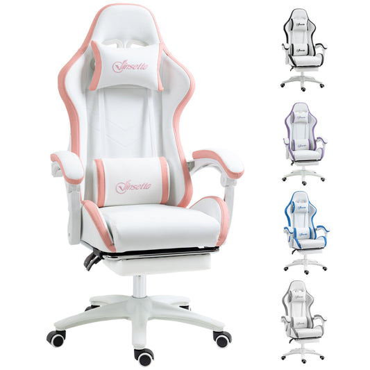 Vinsetto Computer Gaming Chair, PU Leather Desk Chair with Footrest, Swivel Task Chair with 135¡ Reclining Back and Lumbar Support, PC Chair for Adults, White and Pink