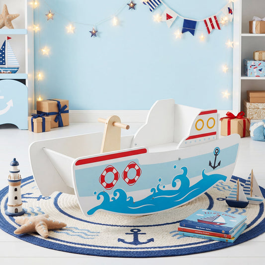 Rocking Ship for 1-5 Years Old Kids Wooden Rocking Horse Toy with Nautical Theme