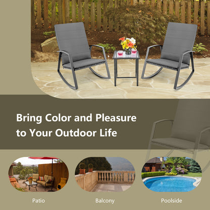 PE Rattan Rocking Chairs with Tempered Glass Side Table-Grey