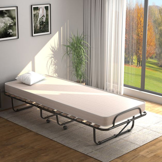 Rollaway Folding Bed with Memory Foam Mattress Guest Bed with Wheels-Beige