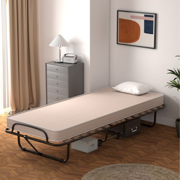 Rollaway Folding Bed with Memory Foam Mattress Guest Bed with Wheels-Beige