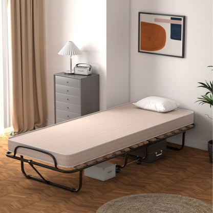 Rollaway Folding Bed with Memory Foam Mattress Guest Bed with Wheels-Beige