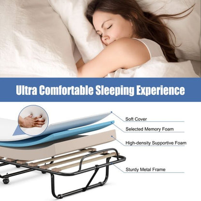 Rollaway Folding Bed with Memory Foam Mattress Guest Bed with Wheels-Beige