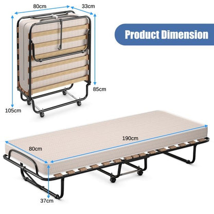 Rollaway Folding Bed with Memory Foam Mattress Guest Bed with Wheels-Beige
