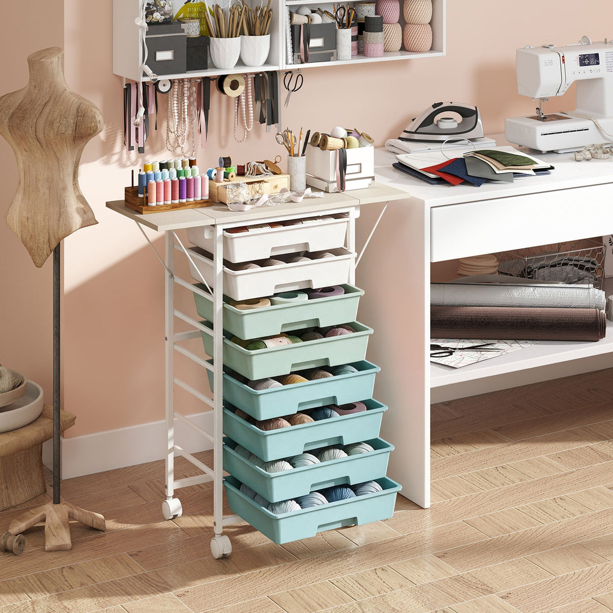 Rolling Cart with 8 Drawers and Foldable Side Panels for Dorm-Green