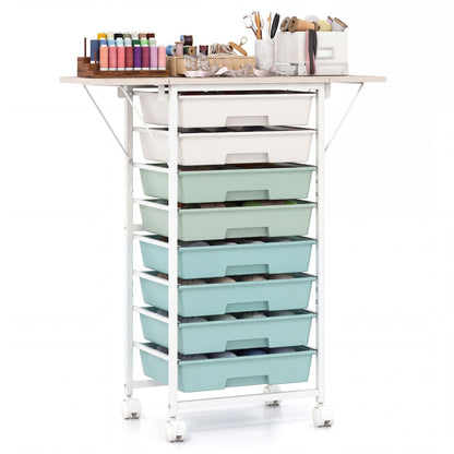 Rolling Cart with 8 Drawers and Foldable Side Panels for Dorm-Green