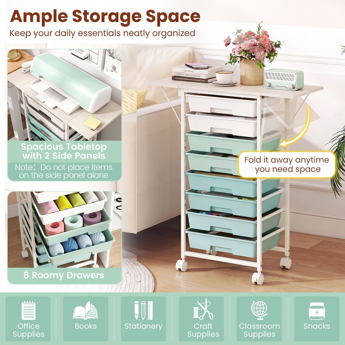 Rolling Cart with 8 Drawers and Foldable Side Panels for Dorm-Green