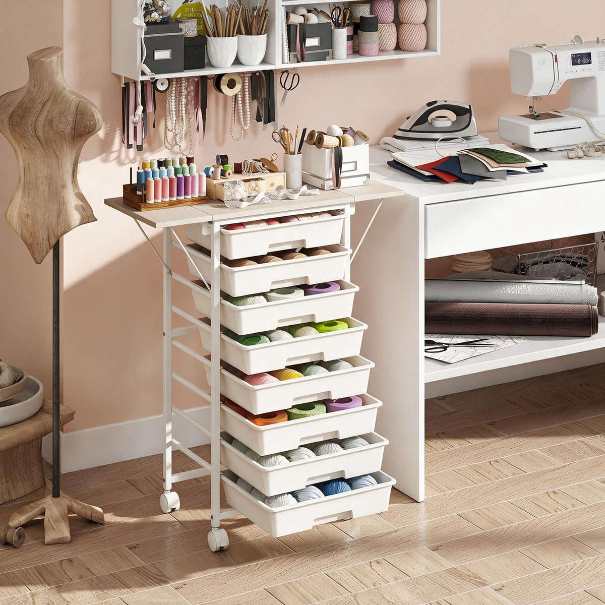 Rolling Cart with 8 Drawers and Foldable Side Panels for Dorm-White