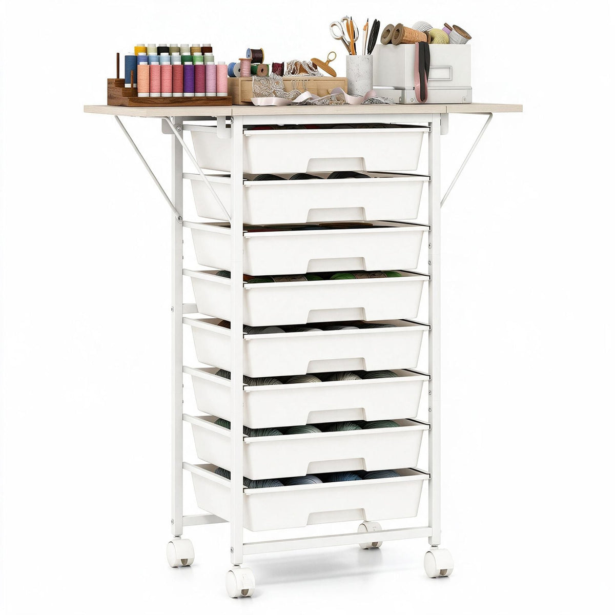 Rolling Cart with 8 Drawers and Foldable Side Panels for Dorm-White