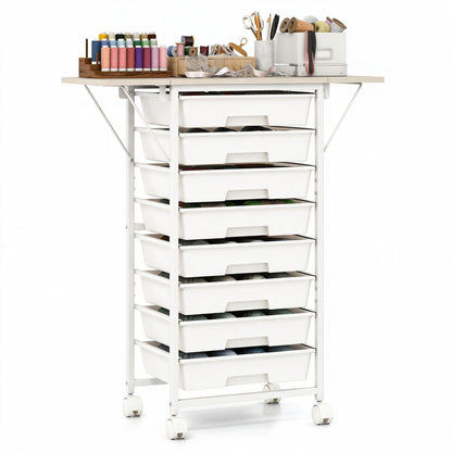 Rolling Cart with 8 Drawers and Foldable Side Panels for Dorm-White