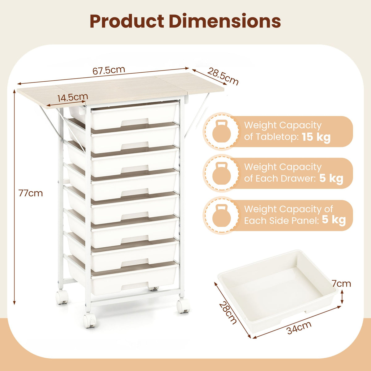 Rolling Cart with 8 Drawers and Foldable Side Panels for Dorm-White