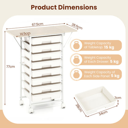 Rolling Cart with 8 Drawers and Foldable Side Panels for Dorm-White