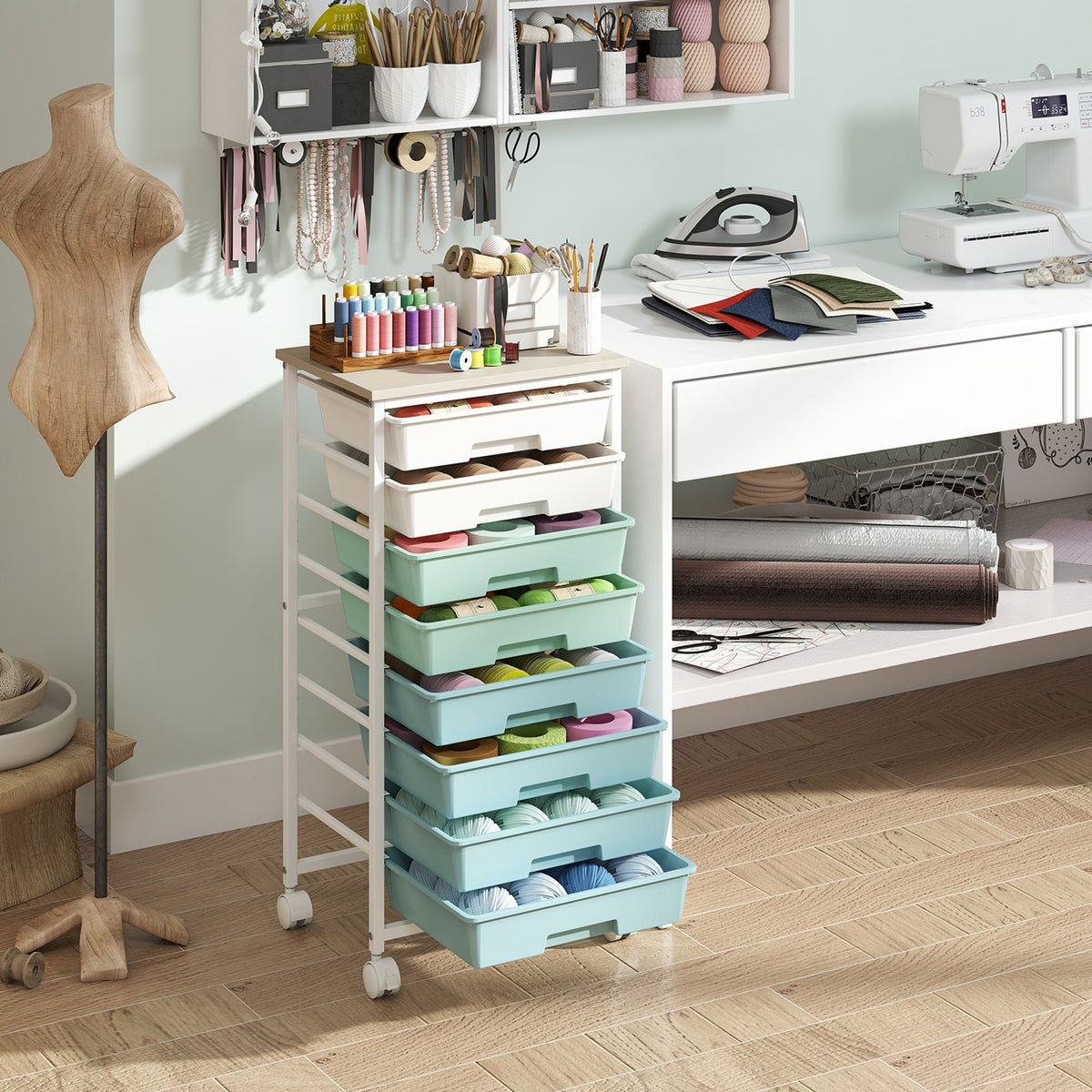 Rolling Cart with 8 Drawers and Lockable Wheels for Dorm-Green