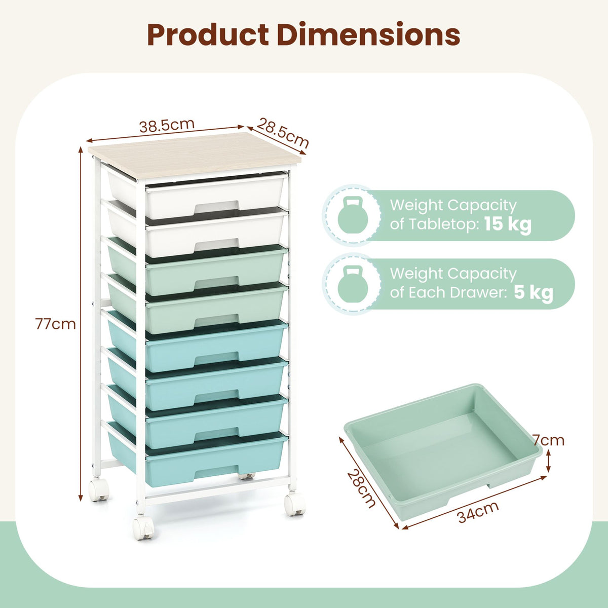 Rolling Cart with 8 Drawers and Lockable Wheels for Dorm-Green