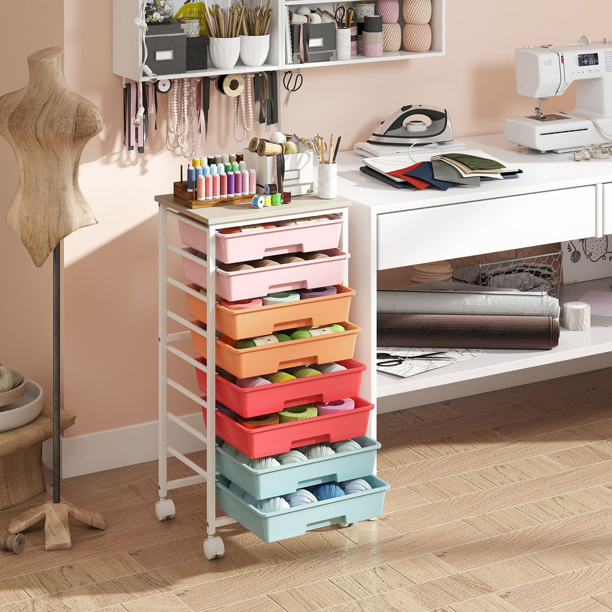 Rolling Cart with 8 Drawers and Lockable Wheels for Dorm- Macaron