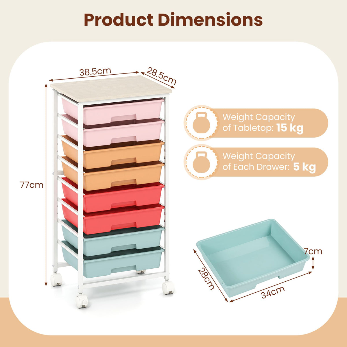 Rolling Cart with 8 Drawers and Lockable Wheels for Dorm- Macaron