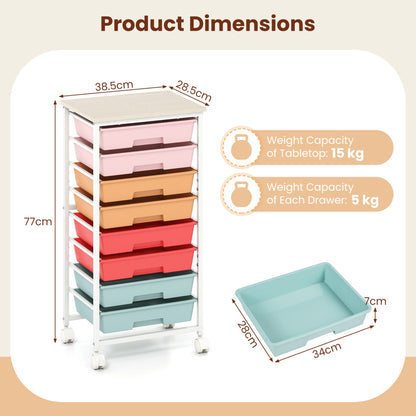 Rolling Cart with 8 Drawers and Lockable Wheels for Dorm- Macaron