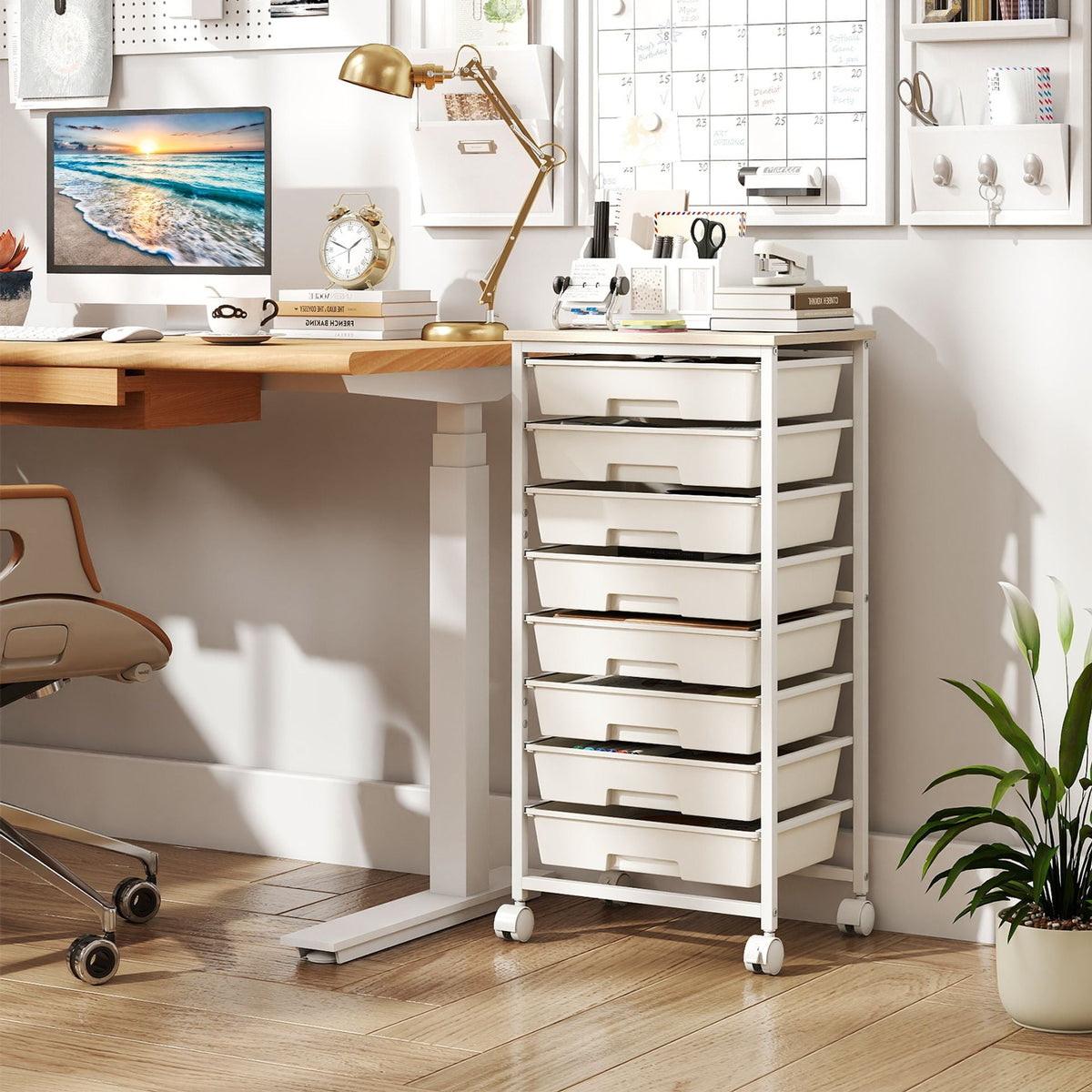 Rolling Cart with 8 Drawers and Lockable Wheels for Dorm-White