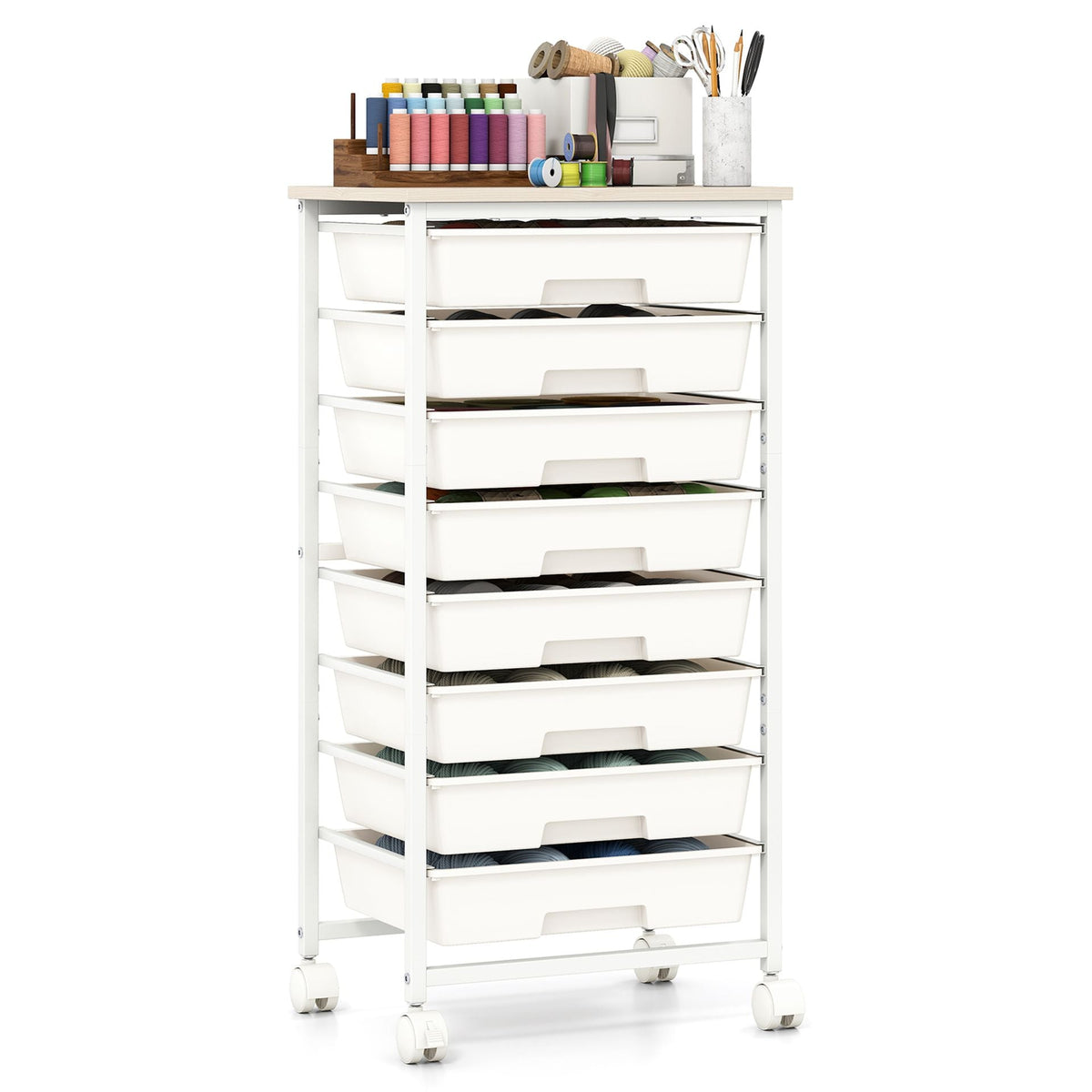 Rolling Cart with 8 Drawers and Lockable Wheels for Dorm-White