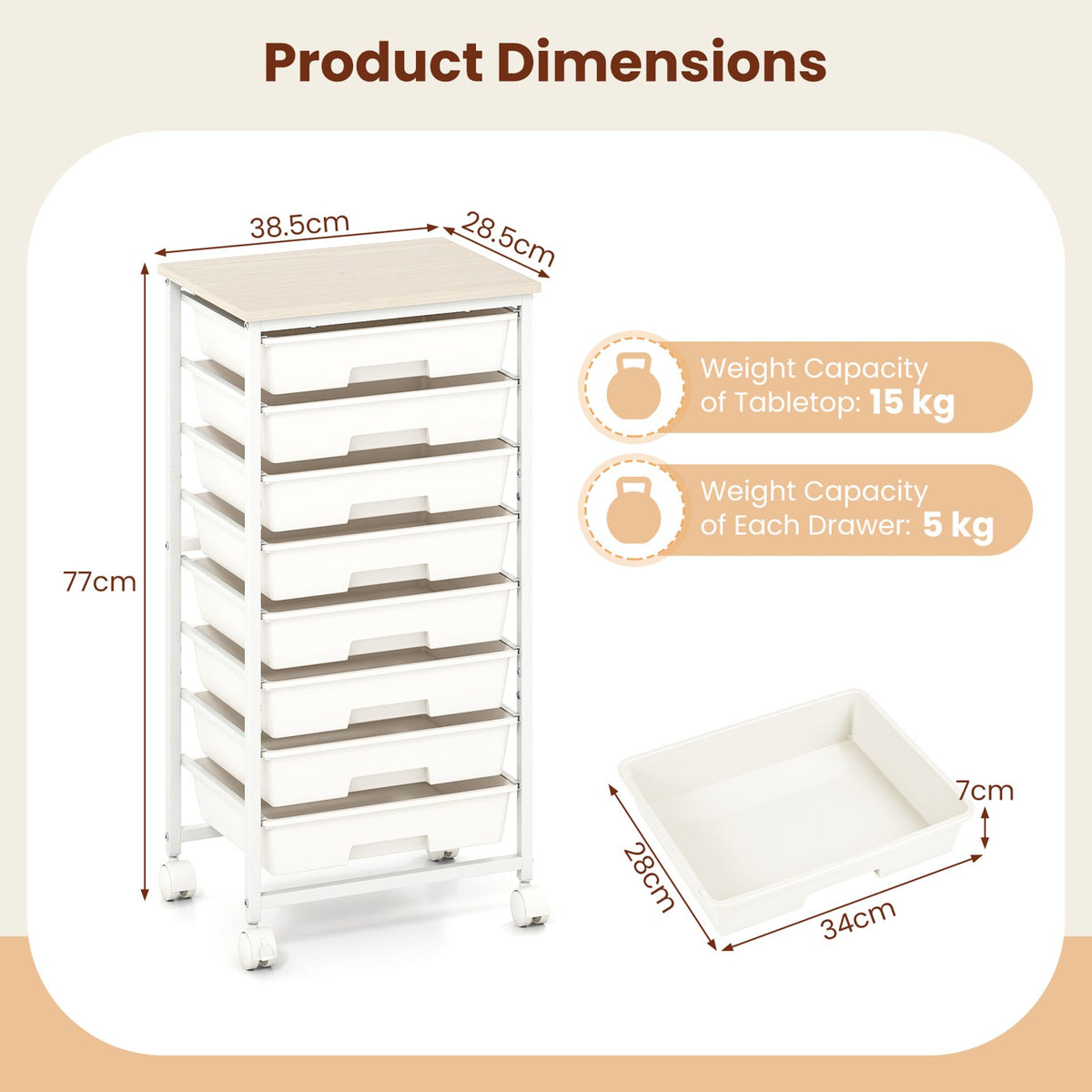 Rolling Cart with 8 Drawers and Lockable Wheels for Dorm-White
