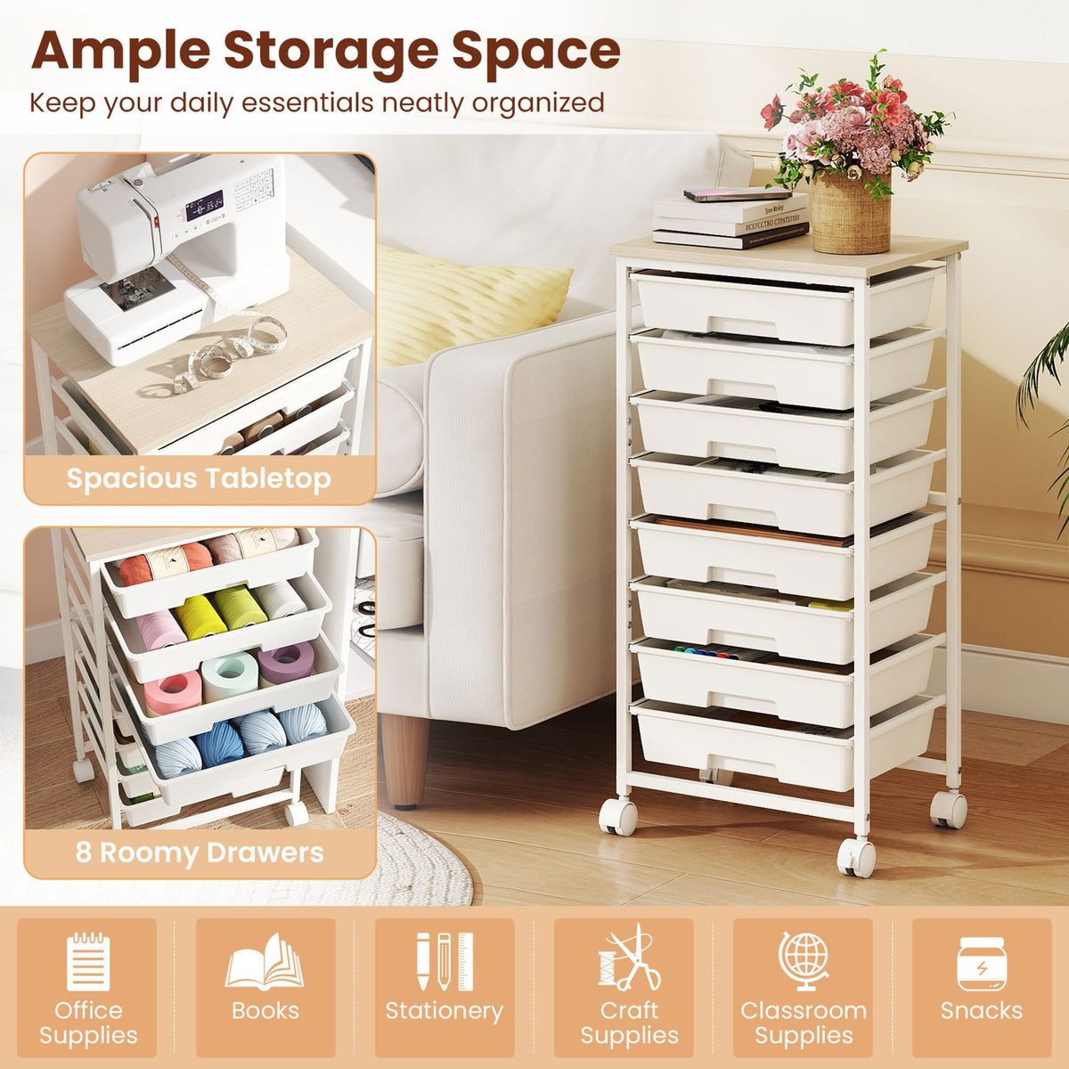 Rolling Cart with 8 Drawers and Lockable Wheels for Dorm-White