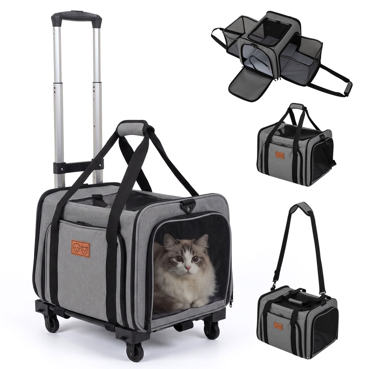 Rolling Cat Carrier with Wheels and Telescopic Handle-Grey