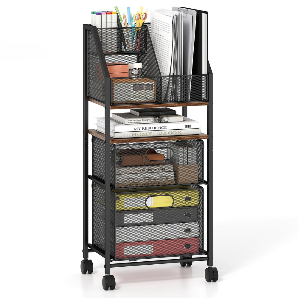 Rolling File Utility Cart with 2 Drawers and Lockable Wheels for Home Office-Rustic Brown